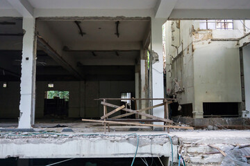 Old and abandoned building being renovated in the evening