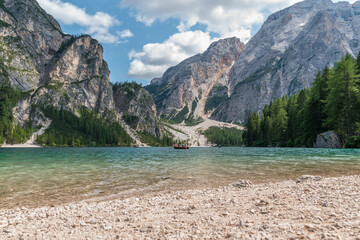 The beautiful and famous lake Braies is located in a unique position in the Italien  Braies Dolomites.