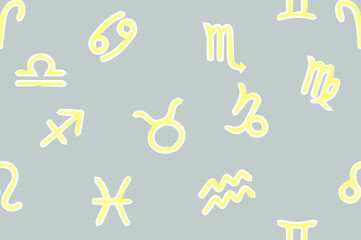 Seamless pattern - Zodiac signs, yellow and white signs on a gray background. Vector. Fashionable design for textiles, fabric, wallpaper, paper.
