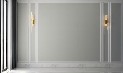 Fototapeta premium Interior design of empty living room with stylish modular, plaid, neutral room divider, decoration and elegant accessories. Modern home decor. 3d render 