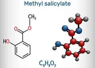 Methyl salicylate, wintergreen oil molecule. It is methyl ester of salicylic acid, flavouring agent, metabolite, insect attractant. Structural chemical formula and molecule model
