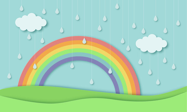 Green nature landscape scenery with mountain, rainbow, raindrops and clouds in paper cut style. Digital craft 3d paper art background. Rainy season and spring concept. Vector illustration.