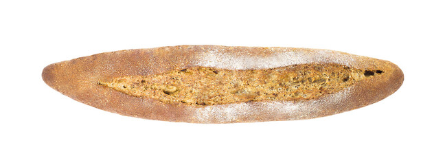 Bread whole loaf French dark, top view, isolated on a white background with clipping path.