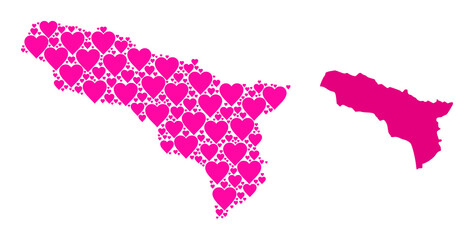 Obraz premium Love collage and solid map of Abkhazia. Collage map of Abkhazia created from pink lovely hearts. Vector flat illustration for dating concept illustrations.