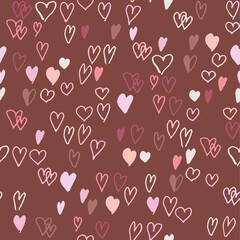 Hand drawn doodle hearts seamless pattern. Simple pastel ink painted hearts on brown background. Cute vector texture for Valentine, Mother's day, birthday cards, wallpaper, wrapping paper.