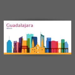 Guadalajara city, Mexico architecture silhouette. Colorful skyline. City flat design. Vector business card.