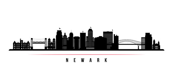 Naklejka premium Newark skyline horizontal banner. Black and white silhouette of Newark, New Jersey. Vector template for your design.