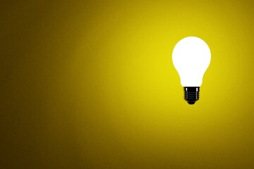 Creative idea and innovation light bulb light on yellow background realistic 3D render