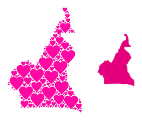 Love collage and solid map of Cameroon. Collage map of Cameroon composed from pink valentine hearts. Vector flat illustration for love abstract illustrations.