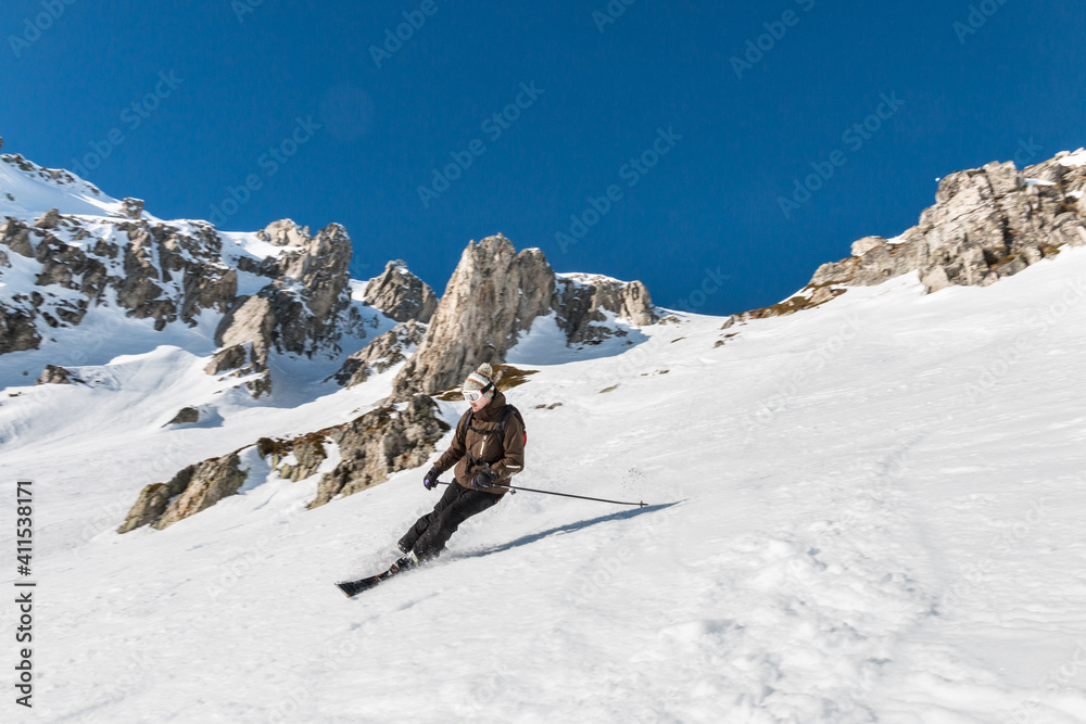 Sticker Skier on black slope in Valmorel, Tarentaise Valley, French Alps