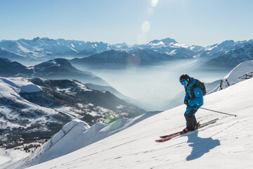 Skiing in Valmorel, Tarentaise Valley, French Alps
