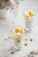 Banana chia pudding. Dessert with chia seeds, almonds and banana. A healthy dietary dessert.
