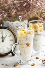 Banana chia pudding. Dessert with chia seeds, almonds and banana. A healthy dietary dessert.
