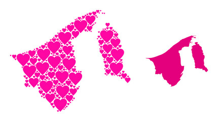 Love pattern and solid map of Brunei. Collage map of Brunei created with pink valentine hearts. Vector flat illustration for love conceptual illustrations.