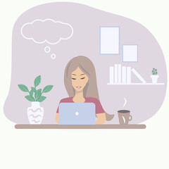Fototapeta na wymiar A smiling girl is sitting at a laptop at home working or chatting next to a cup of coffee. Vector illustration