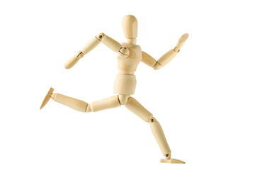 Wooden mannequin on a white background. Running man concept