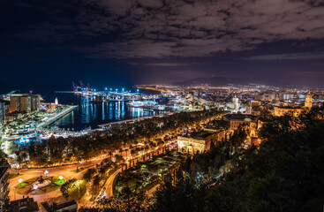 Views of Malaga city from Gibralfaro. Nigh photography. 