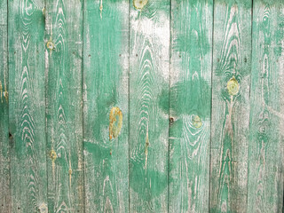 Old shabby green fence. The texture of the wood fence.