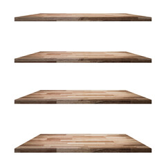 4 Wood shelves table isolated on white background and display montage for product.