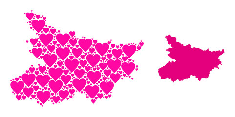 Love mosaic and solid map of Bihar State. Mosaic map of Bihar State is designed with pink lovely hearts. Vector flat illustration for love concept illustrations.