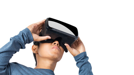 man using virtual reality headset isolated on white background. clipping paths.