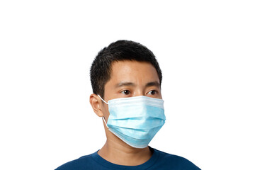 young man wearing protective face mask isolated on white background.
