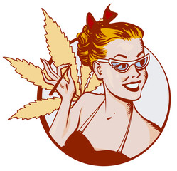 Retro girl smoking joint with cannabis. Marijuana leafs on
the background.  Vector image - 411541348