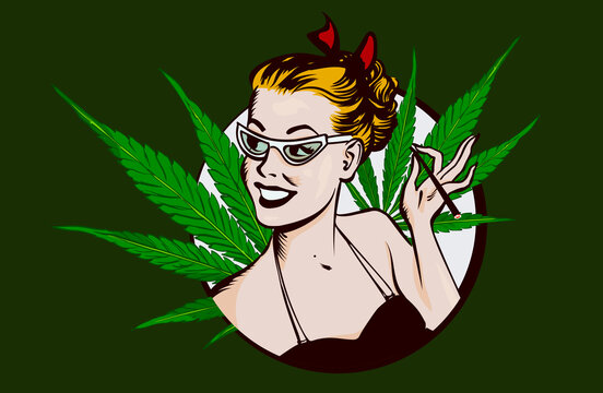 Retro girl smoking joint with cannabis. Marijuana leafs on 
 the background.  Vector image