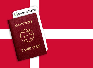 Immunity passport and test result for COVID-19 on flag of Denmark