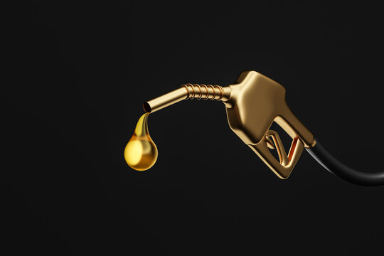 Golden gasoline injector fueling oil or pure fuel on black background. 3D rendering.