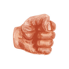 Hand sign clenched fist. Vector color vintage hatching illustration