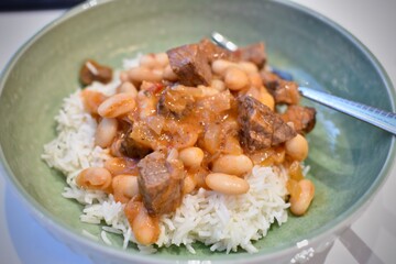 Plate of Turkish famous dish Beans over pilaff 
