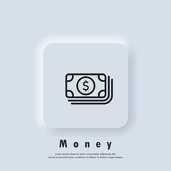 Cash icon. Money logo. Banknote or dollar bill icon. Money icons. Vector. UI icon. Neumorphic UI UX white user interface web button. Neumorphism