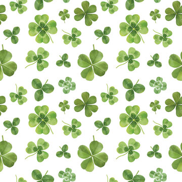 Seamless pattern for St Patrick day with gnomes and lucky clover leaves. Watercolor cartoon dwarf repeated backdrop
