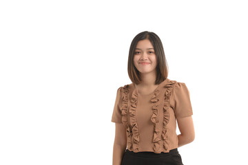 Asian woman is standing smiling cheerfully ,isolated over white background.