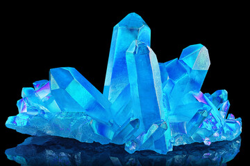 Amazing colorful Quartz Rainbow Flame Blue Aqua Aura crystal cluster closeup macro isolated on...
