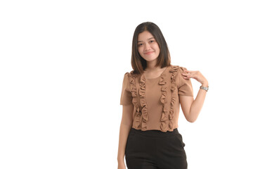 Fototapeta premium Asian business women is standing put her hand on shoulder and smile on a white background.