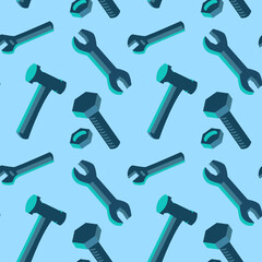 Tools wrench, hammer and bolt with nut with blue background seamless vector pattern texture or background isolated svg
