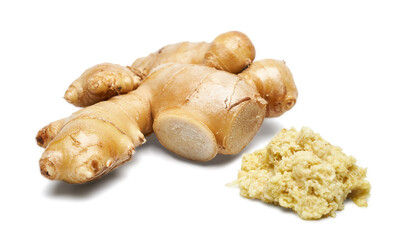 close up freshly grated ginger and cut ginger isolated on white background with clipping path        