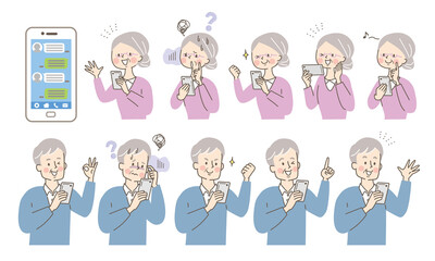 スマホとシニアの女性と男性の表情セット

