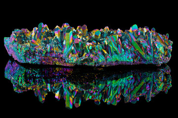 Amazing rare Quartz Rainbow Flame Titanium aura crystal cluster on black background