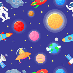 Naklejka premium Flat cartoon style space pattern. Astronaut with
