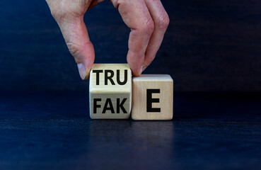 Fake or true symbol. Businessman flips a wooden cube and changes the word 'fake' to 'true' or vice versa. Beautiful grey background, copy space. Business and fake or true concept.