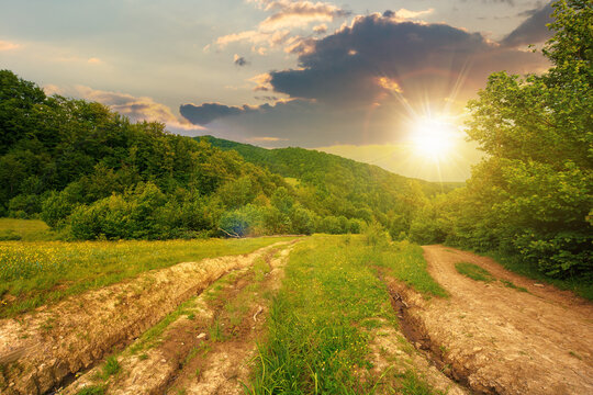 dirt road through forested countryside at sunset. beautiful summer rural landscape in mountains. adventure in nature scenery in evening light
