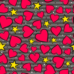 Seamless pattern with hearts and stars on a striped gray background. Cartoon hand drawn pink hearts and yellow stars. Template on the theme of love, weddings and Valentine's Day. Vector illustration