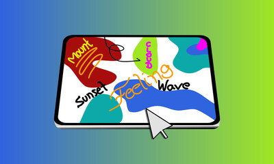 perspektivische Ansicht eines Tablet PCs auf dem bunte rundliche Formen und Text abgebildet ist vor zweifarbigen grünen und blauen Hintergrund mit Farbverlauf