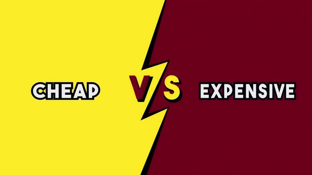 Versus concept, bold toon style: cheap vs expensive. A visual dichotomy appearing as a decoded text message, with the screen split in two parts (red, yellow).
