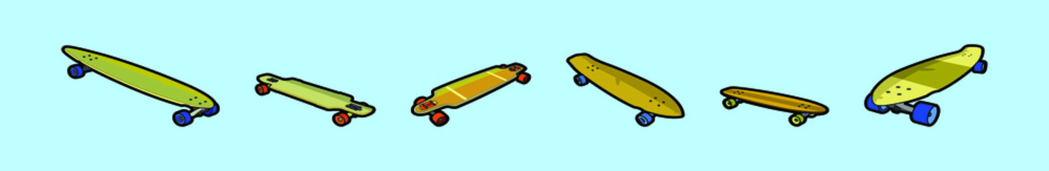 set of long board cartoon icon design template with various models. vector illustration isolated on blue background