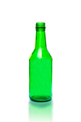 Green empty glass bottles on white background.