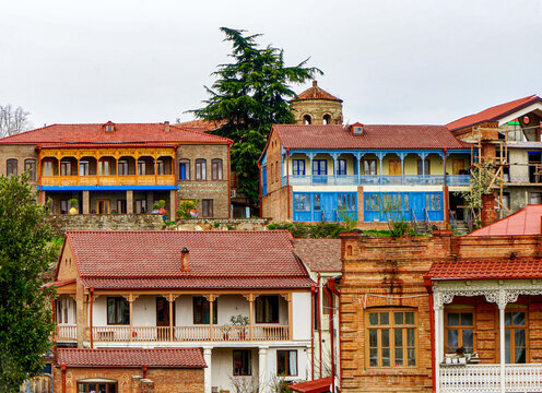 Telavi in Georgia. Typical houses with wooden balconies 